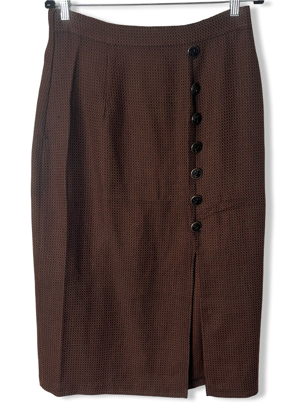 Vintage 80s Brown Black Micro Check Tweed Pencil Skirt Ornate Buttons Midi Sz S